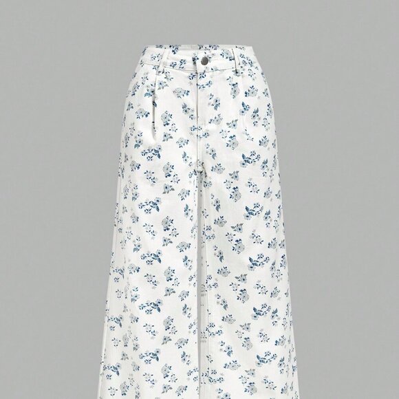 Light Wash Boho Women's Casual Loose Fit Wide Leg Ditsy Floral Jeans - Picture 1 of 6
